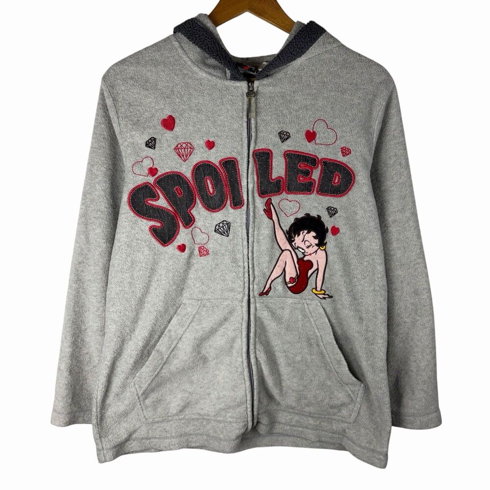 Betty Boop Hoodie Womens 1X Gray Spoiled Zip Fleece Sweatshirt Jacket 90s Y2K